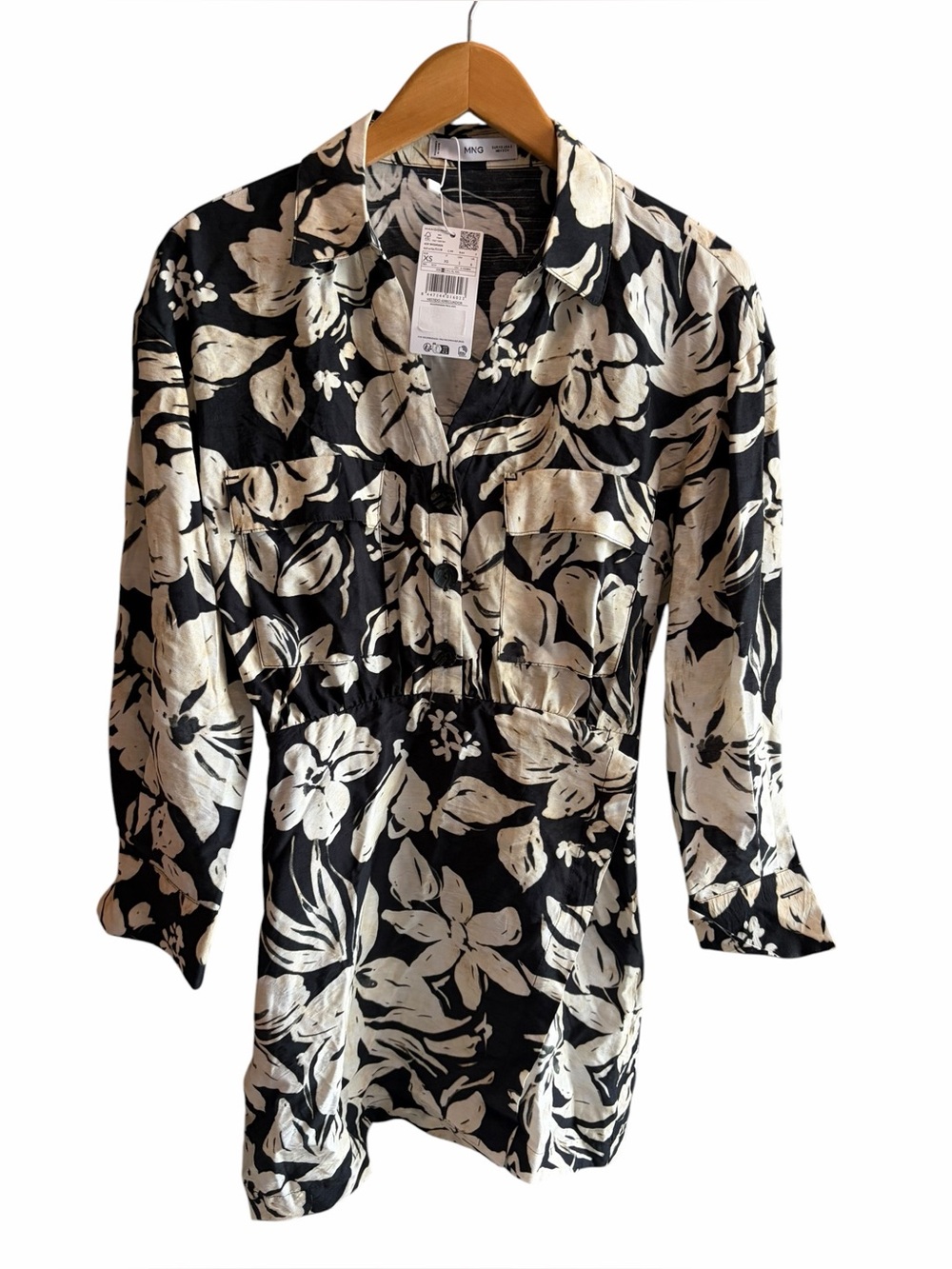 MANGO Black & White Floral Shirt Dress Faux Wrap Skirt